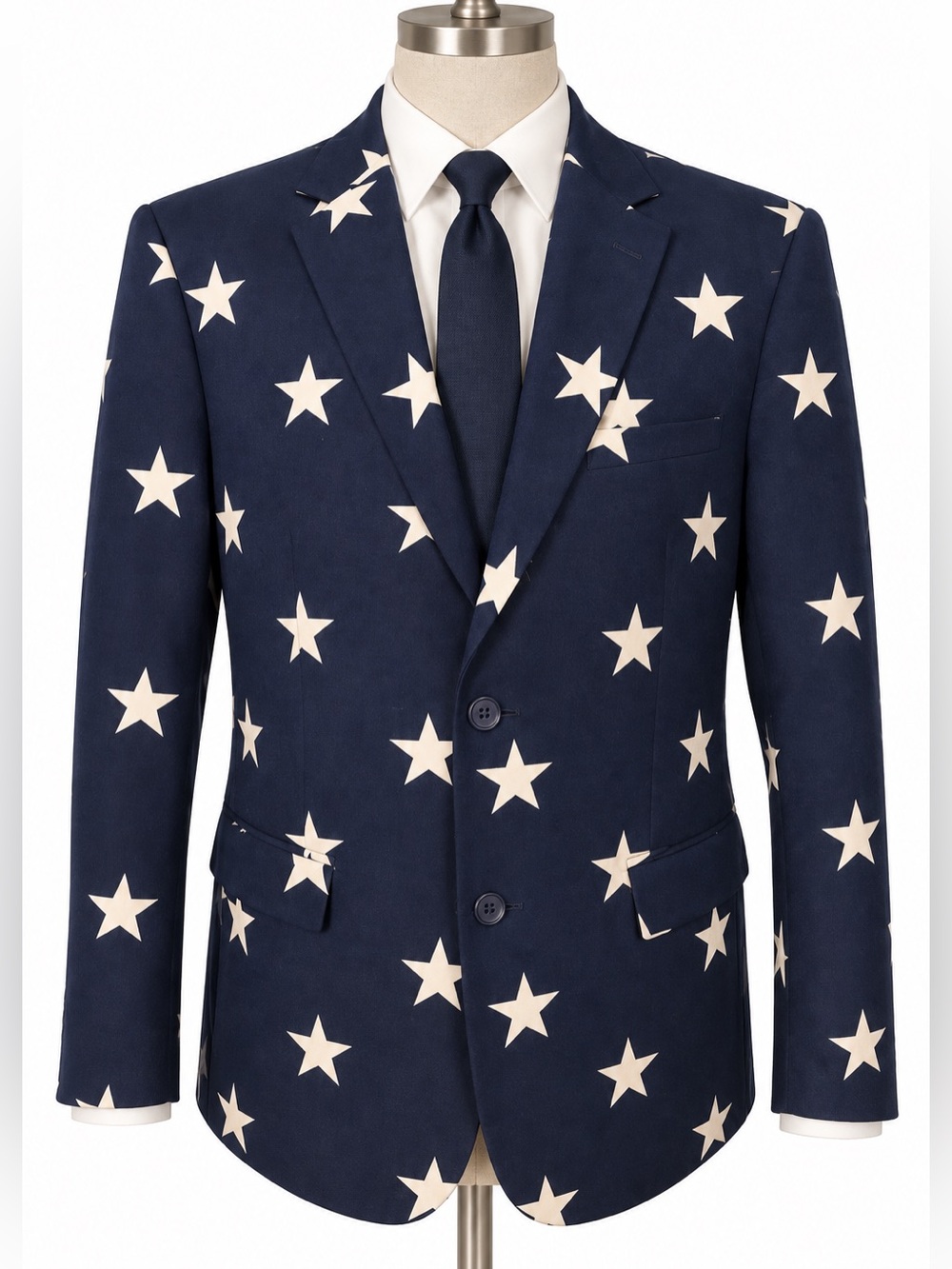 Opposuits navy blazer w/ white stars. Political? Pair w your team color tie. 44R